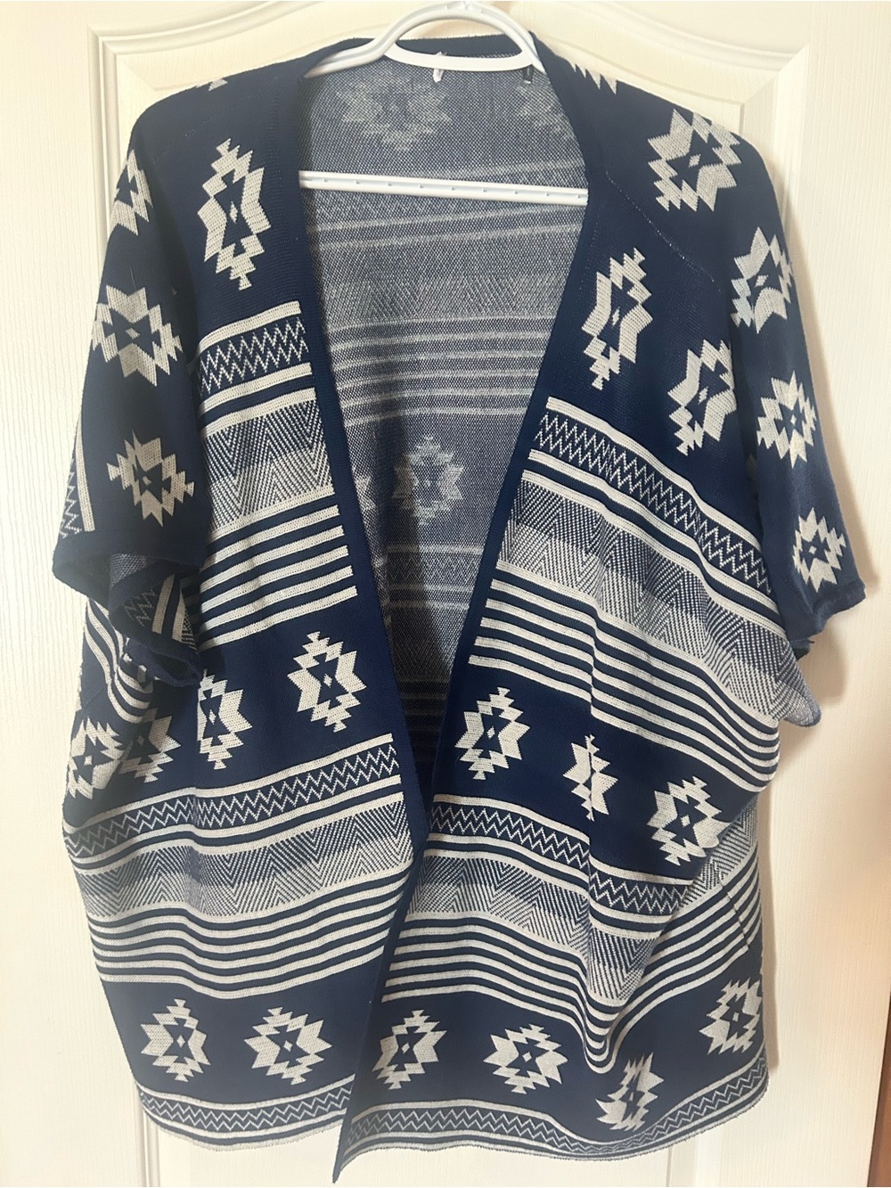 Open-Front Aztec Knit Cardigan - Navy & Cream